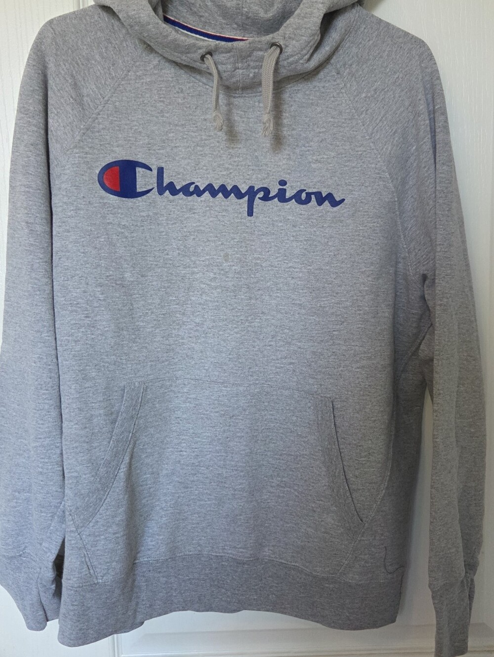 Champion Gray Hoodie with Blue and Red Logo